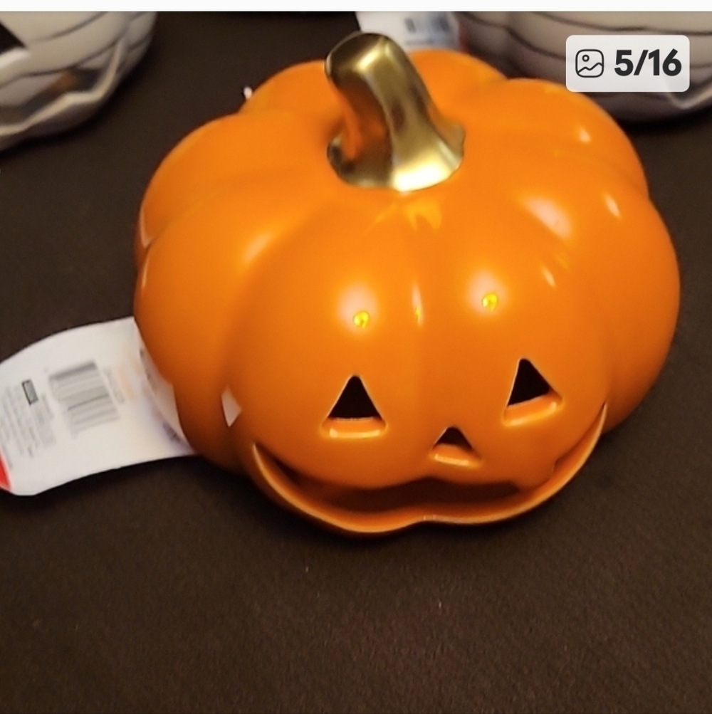 Gold Stem Orange Pumpkin & White Ceramic Pumpkin With Black Circles Pattern - Picture 2 of 11